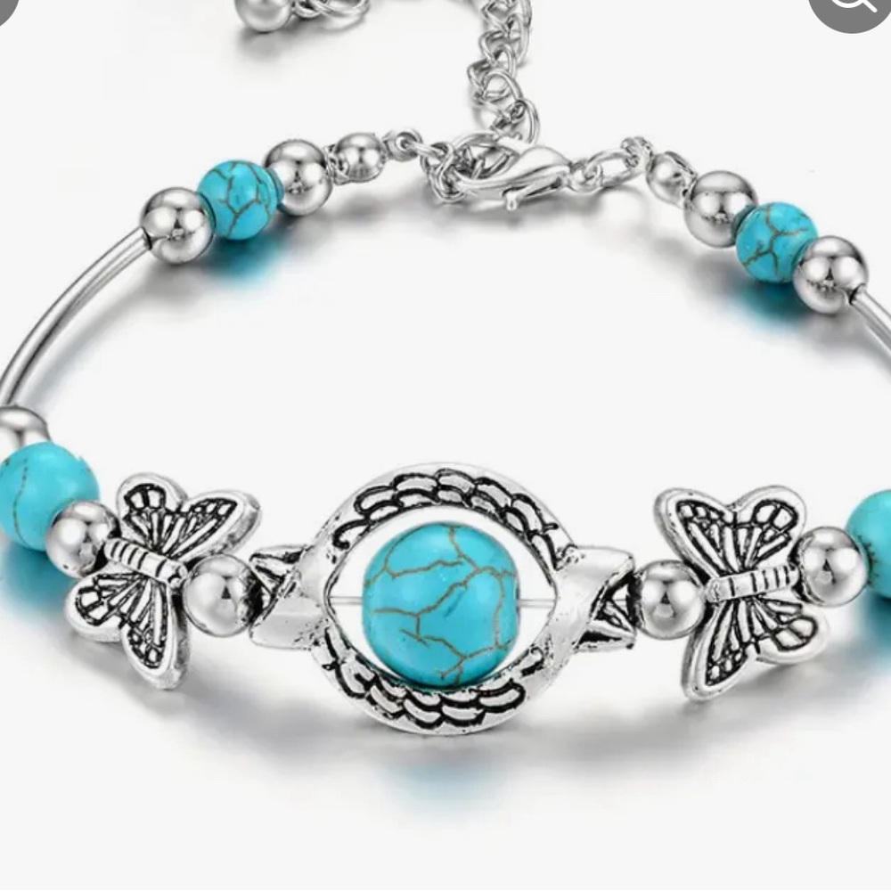 Bracelet Turquoise Silvery Alloy Chain Butterfly and turquoise